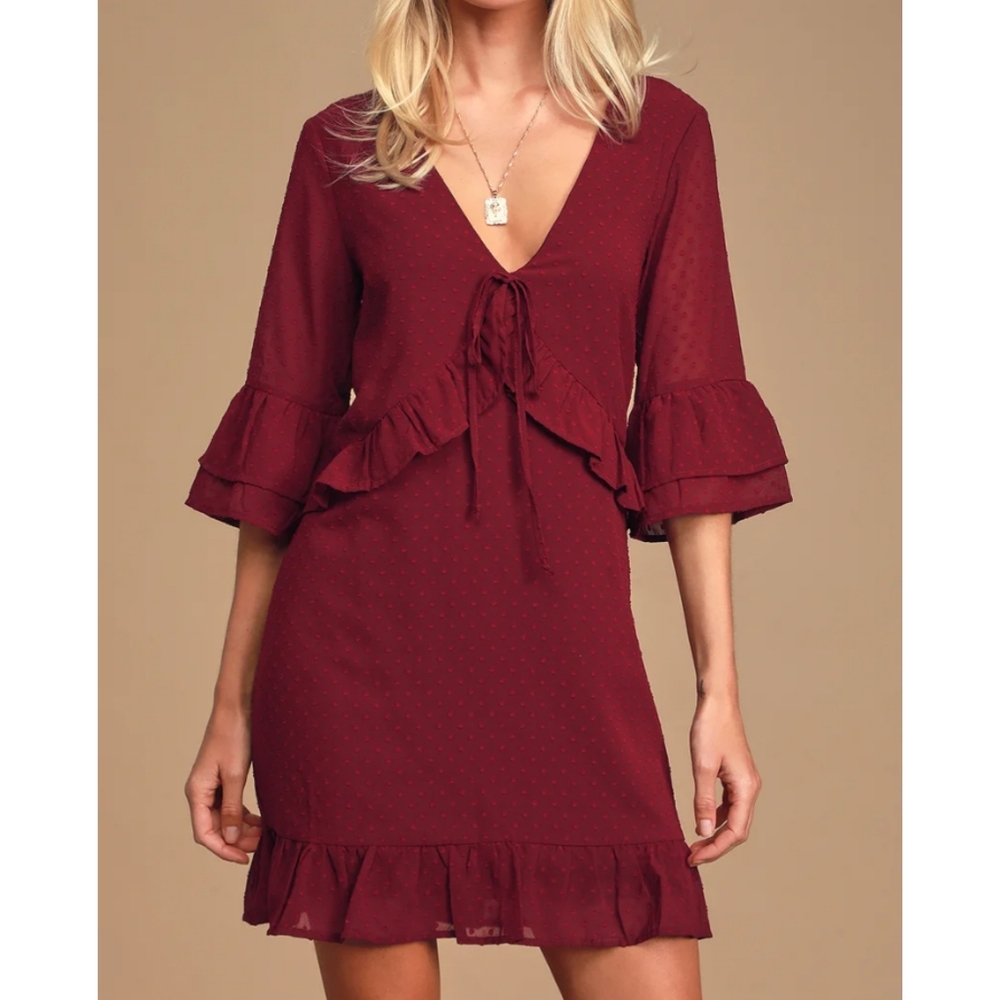 Lulu's Daydream Wine Red Swiss Dot Ruffled Dress XS